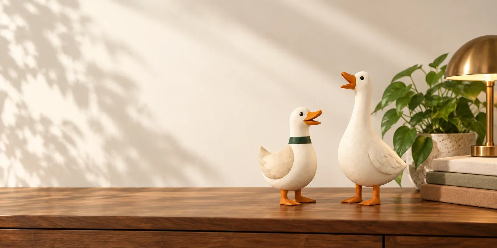 Ceramic figures of Quack the duck in a green scarf and Honk the taller goose, together on a walnut desk.