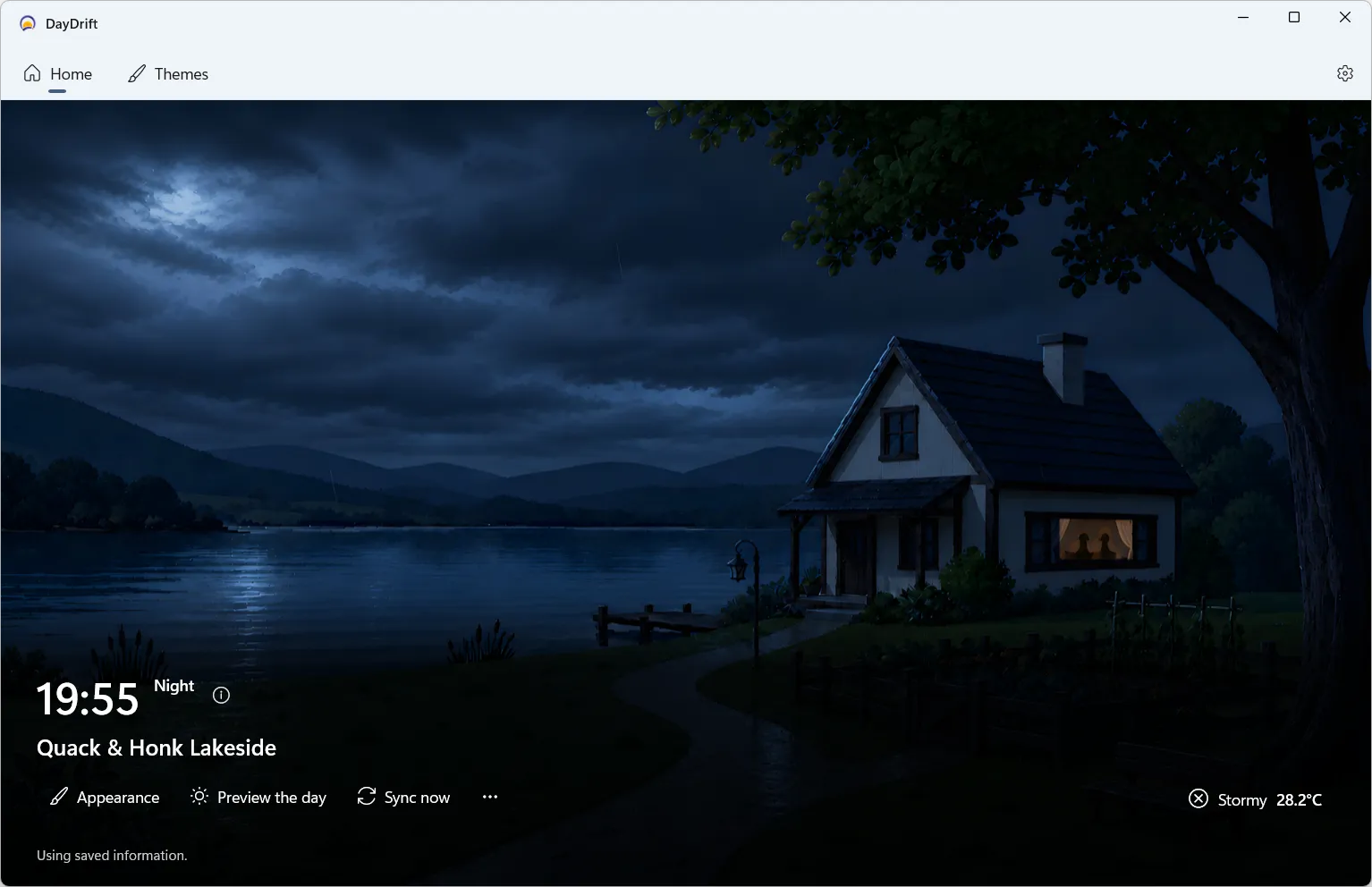 DayDrift Home showing a nighttime lakeside wallpaper, the current time, active theme, and quick actions.