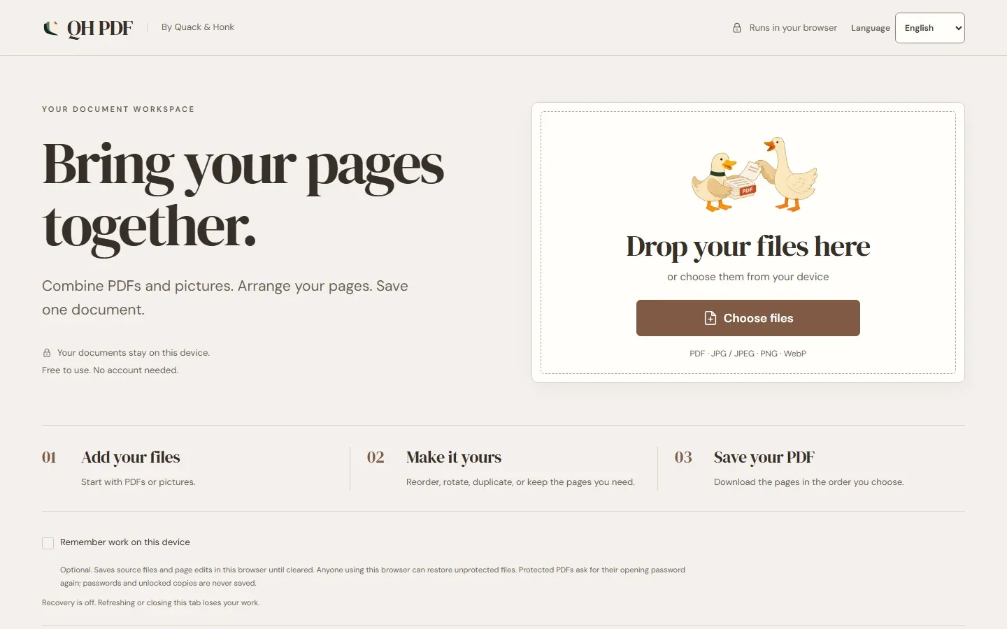 QH PDF welcome screen with a file picker, optional recovery control, and Quack and Honk carrying document pages.