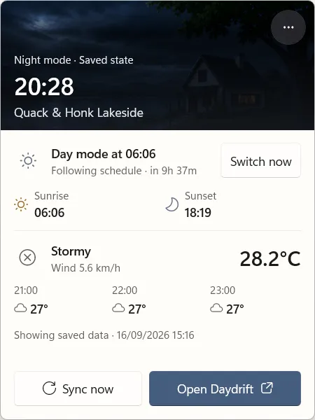 DayDrift quick controls opened from the Windows notification area, showing status, scheduling, weather, and desktop actions.