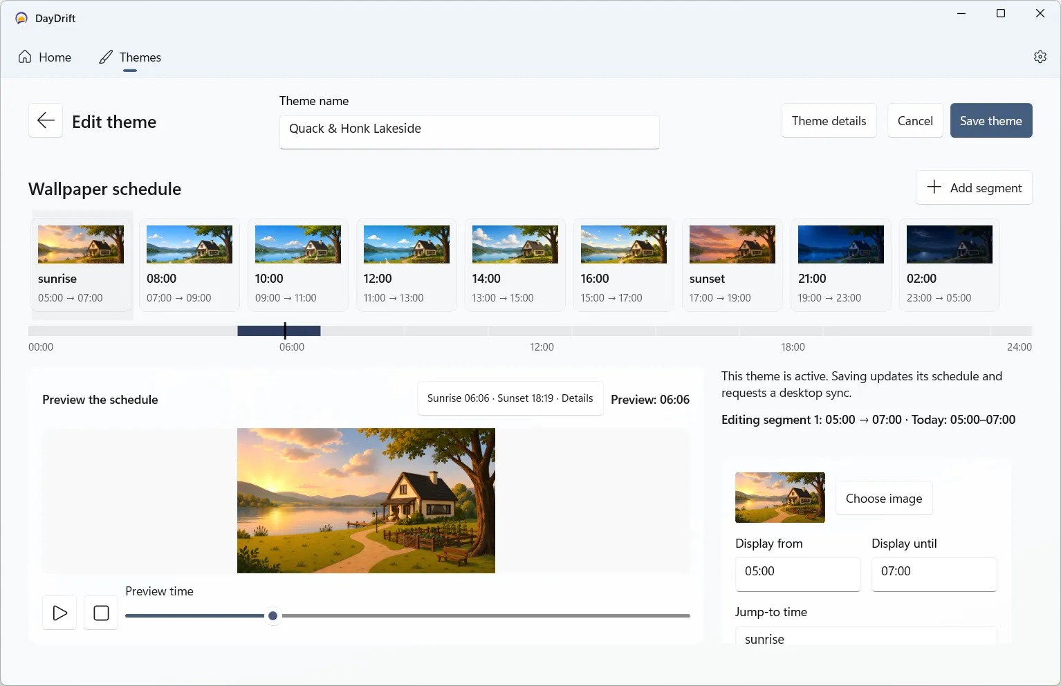 DayDrift Theme Editor with nine wallpaper segments, a 24-hour timeline, schedule preview, and controls for the selected segment.