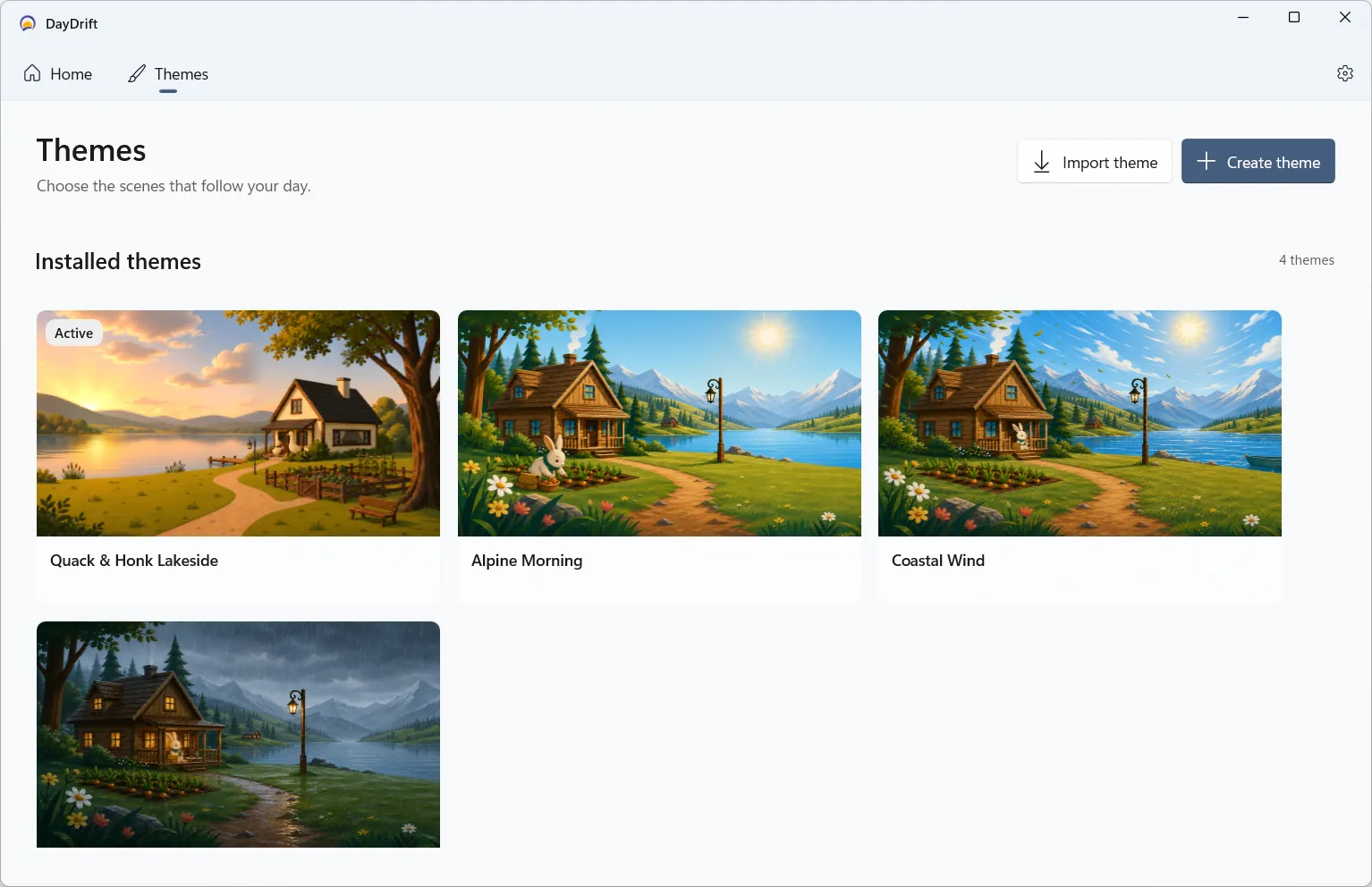 DayDrift Themes showing four illustrated theme collections with Quack and Honk Lakeside selected.
