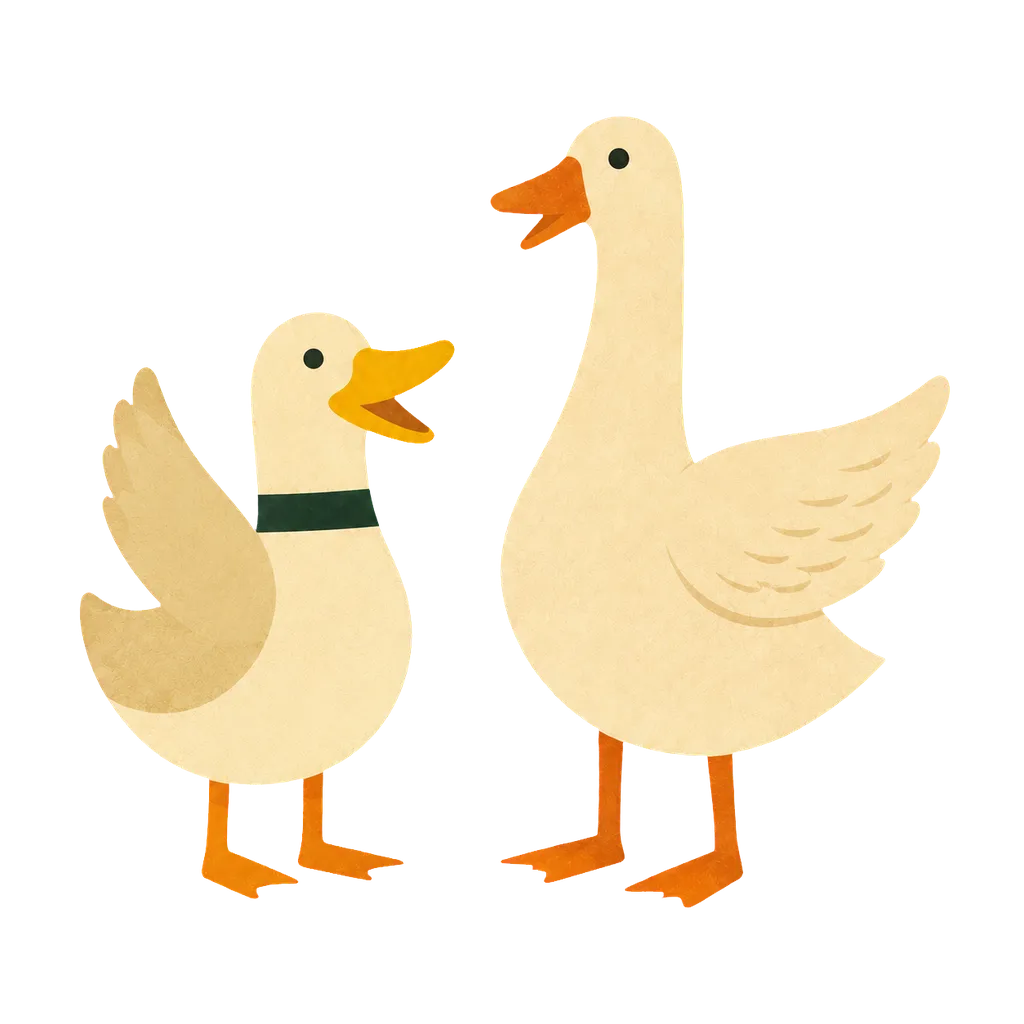 Quack the duck and Honk the goose standing together in their warm, leafy workshop.
