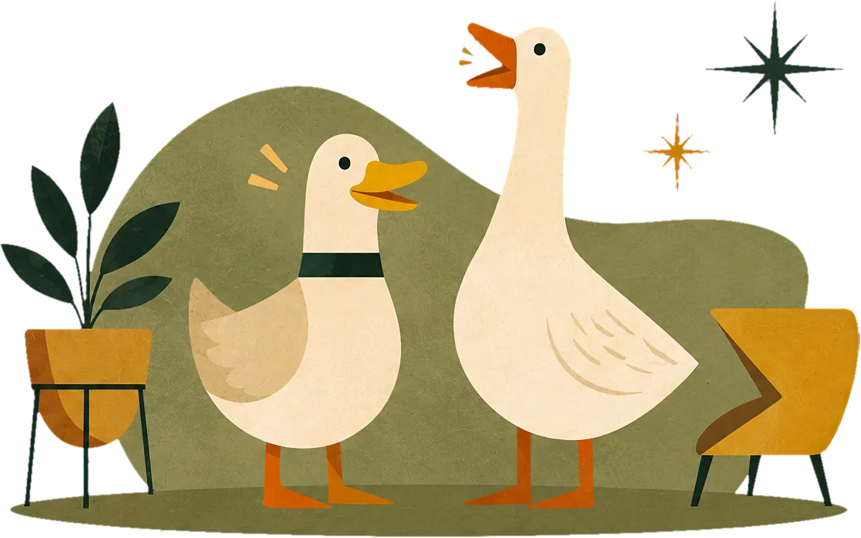 Quack the duck and Honk the goose standing together in their warm, leafy workshop.
