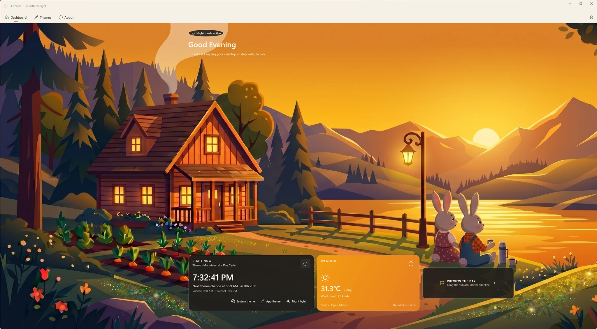 Circadia desktop dashboard with an evening mountain lake wallpaper.