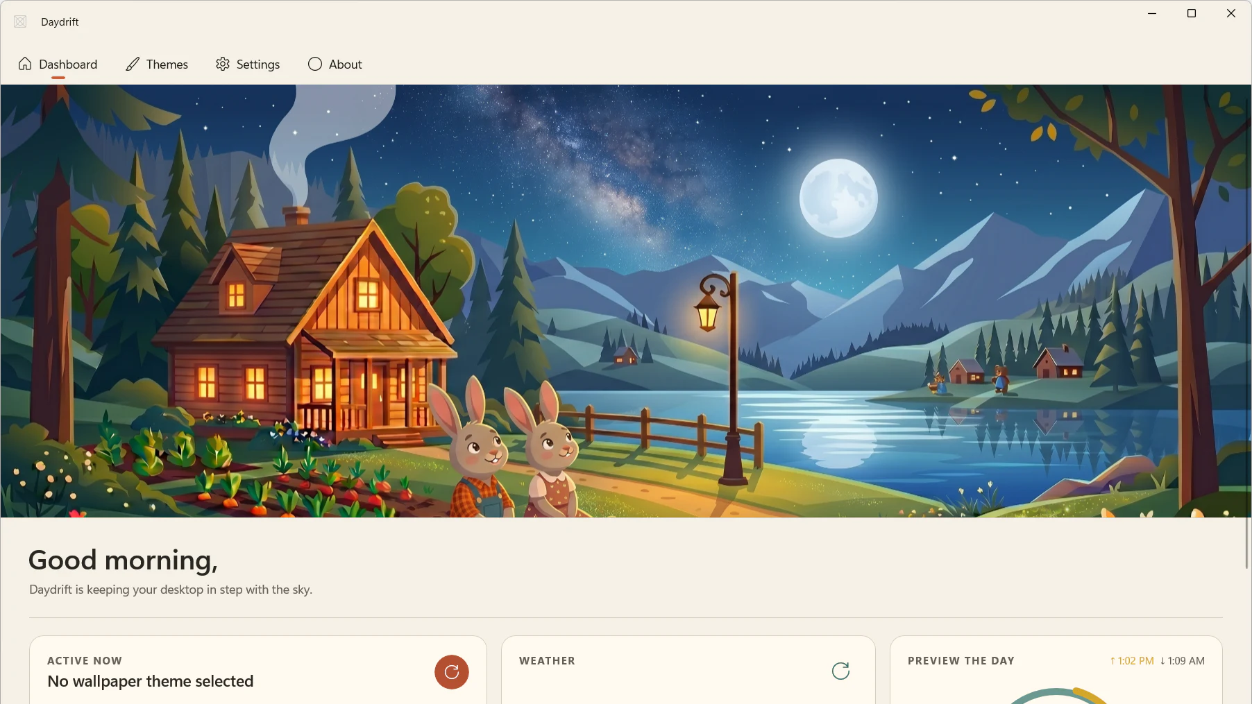 DayDrift dashboard showing a moonlit mountain lake scene, time-aware wallpaper controls, weather, and day preview cards.