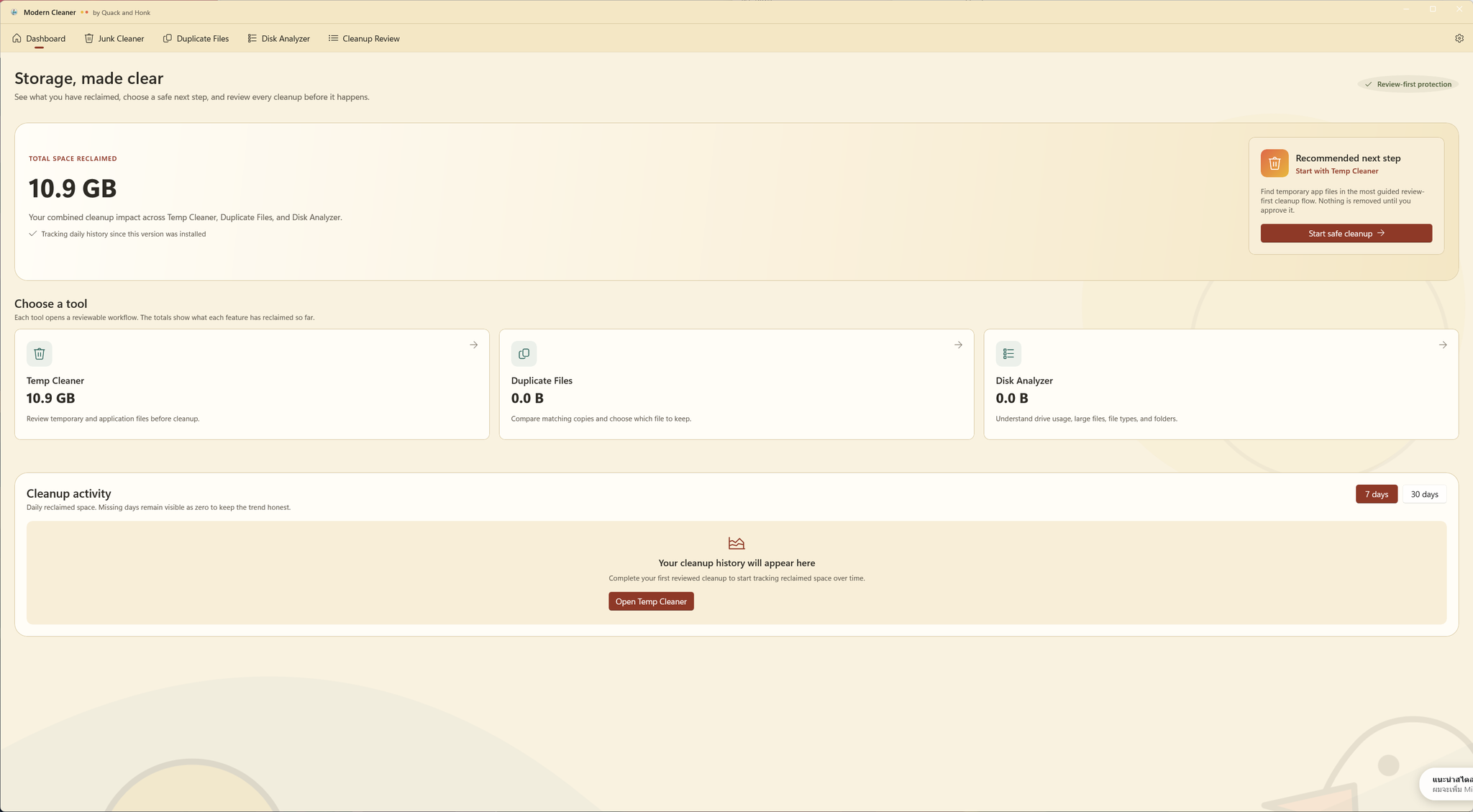 Modern Cleaner dashboard with review-first storage cleanup tools.