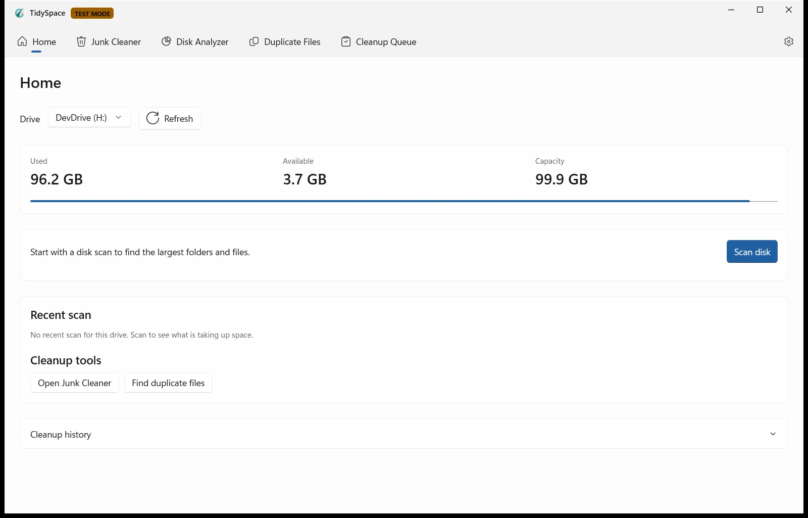 TidySpace development Home in TEST MODE, showing a demo drive capacity overview, disk scan action, and links to cleanup tools.