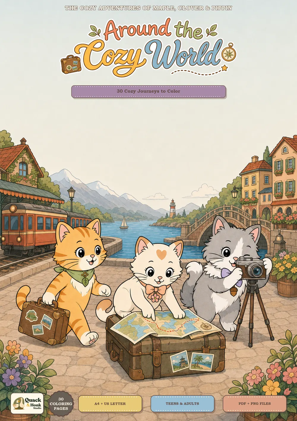 Cover of Around the Cozy World, showing Maple, Clover, and Pippin setting off on a cozy journey