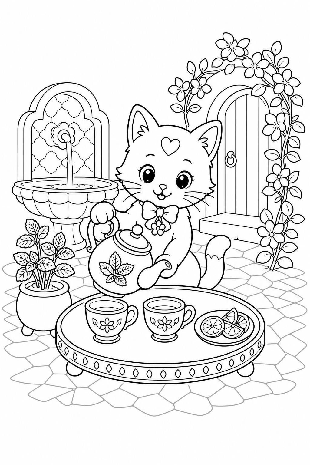 Black-and-white page 13 from Around the Cozy World: Clover brews mint tea in a tiled courtyard.