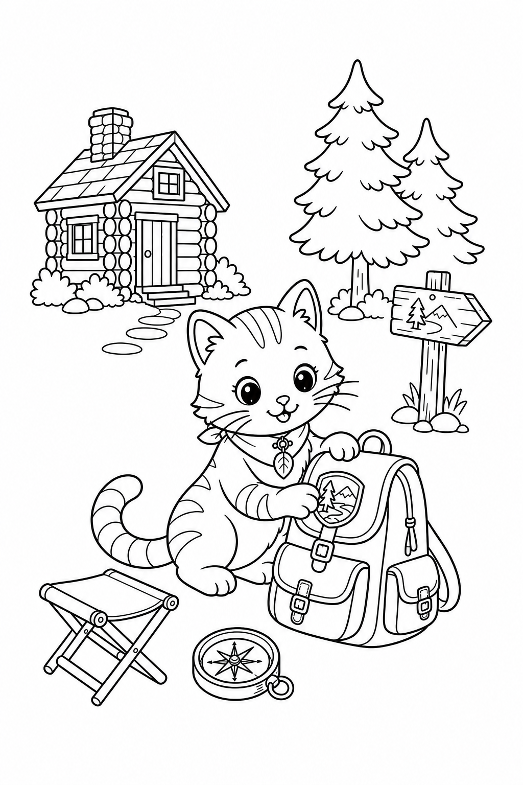 Black-and-white page 22 from Around the Cozy World: Maple decorates a backpack beside a forest cabin.