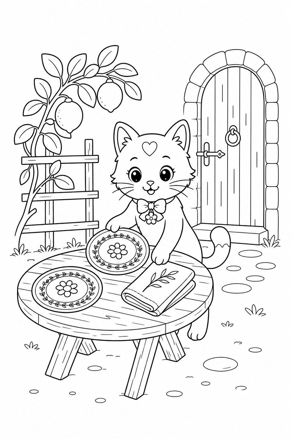 Black-and-white page 27 from Around the Cozy World: Clover sets a table in a sunlit farmhouse courtyard.