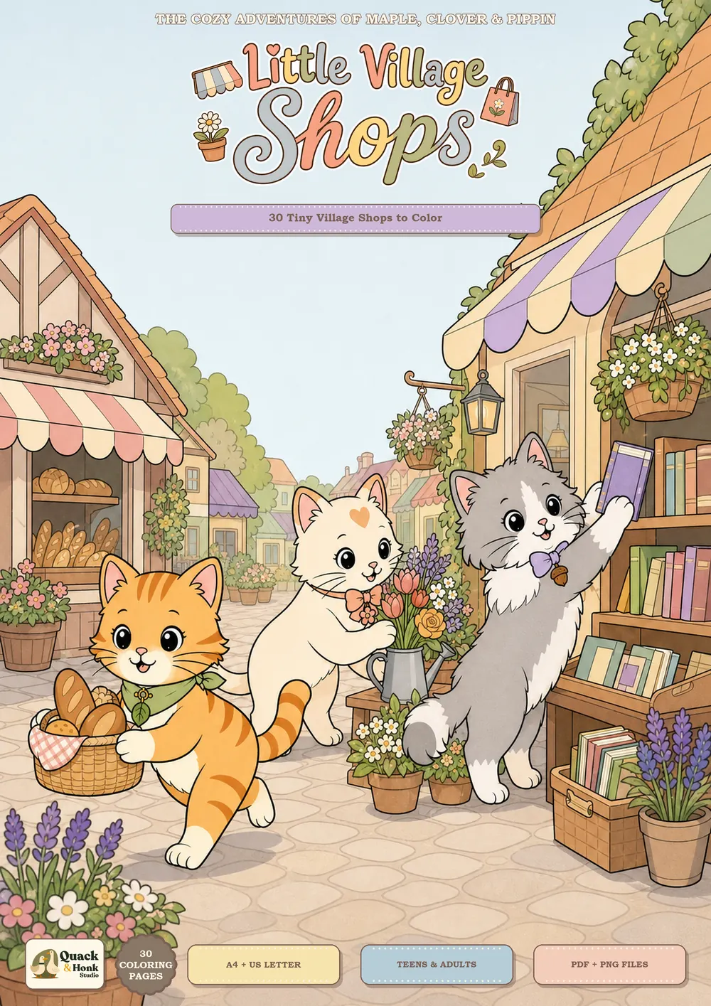 Cover of Little Village Shops, showing Maple, Clover, and Pippin visiting a pastel village high street