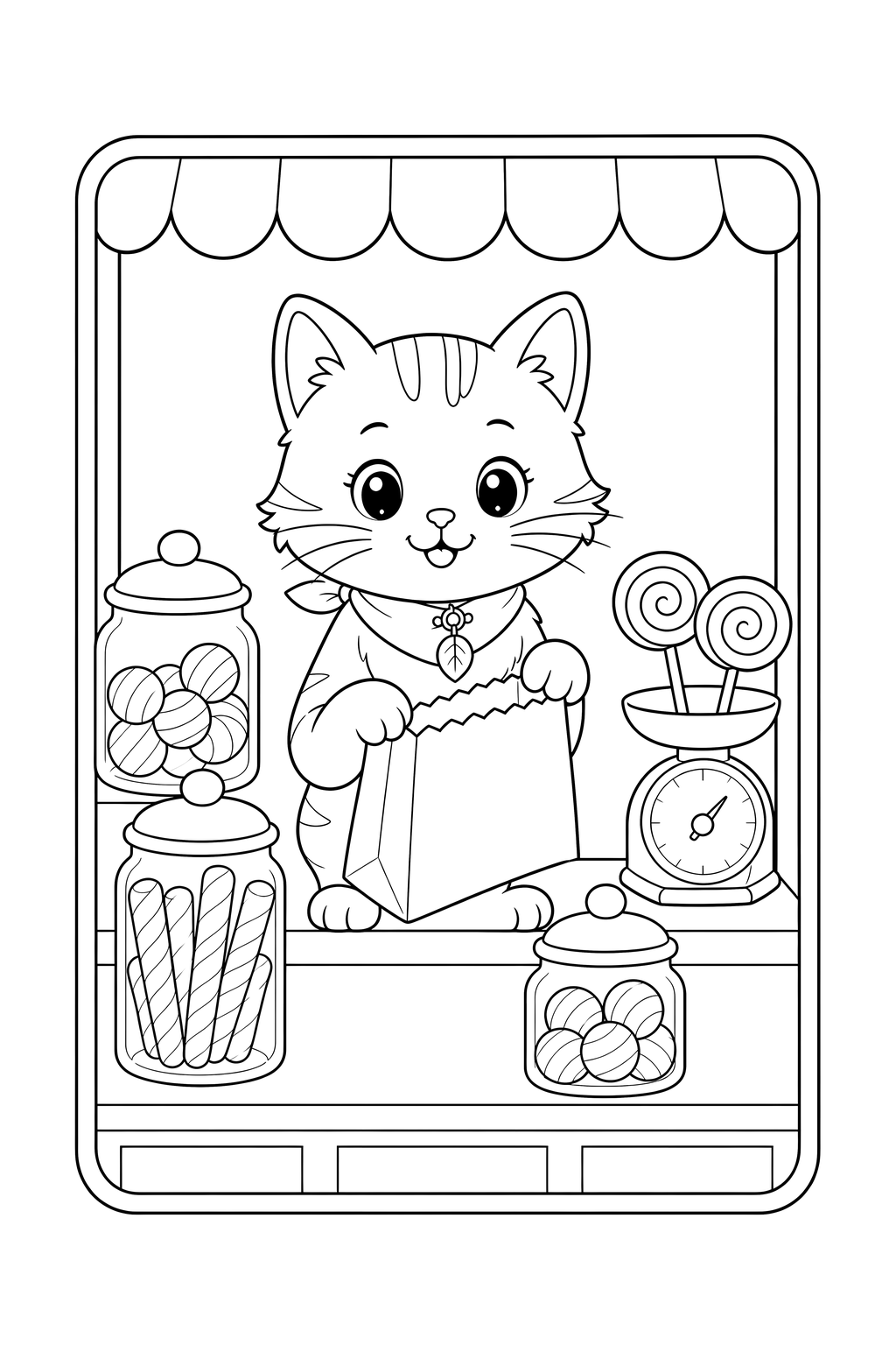 Black-and-white page 4 from Little Village Shops: Maple peeks into a sweet shop display.