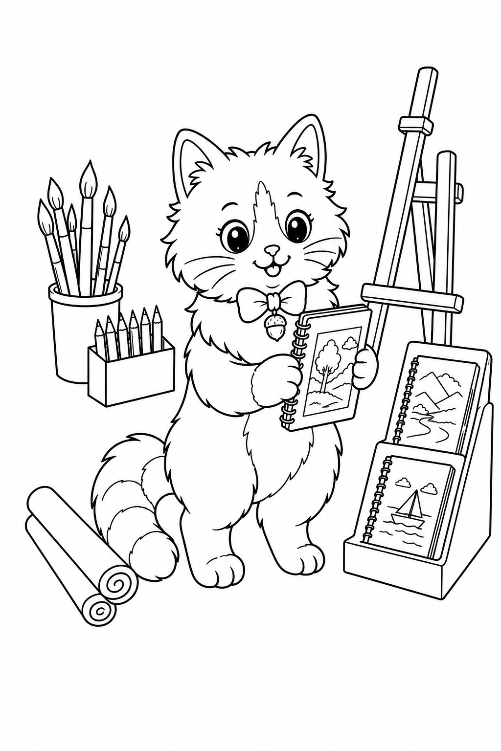 Black-and-white page 28 from Little Village Shops: Pippin chooses a sketchbook in an art supply shop.