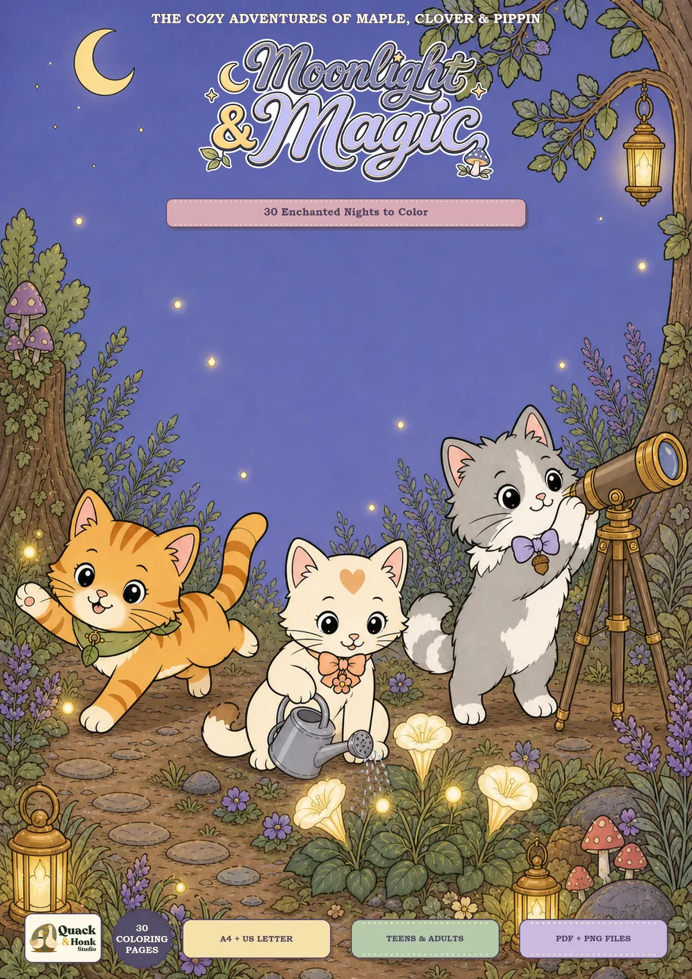 Cover of Moonlight & Magic, showing Maple, Clover, and Pippin discovering glowing flowers beneath the moon