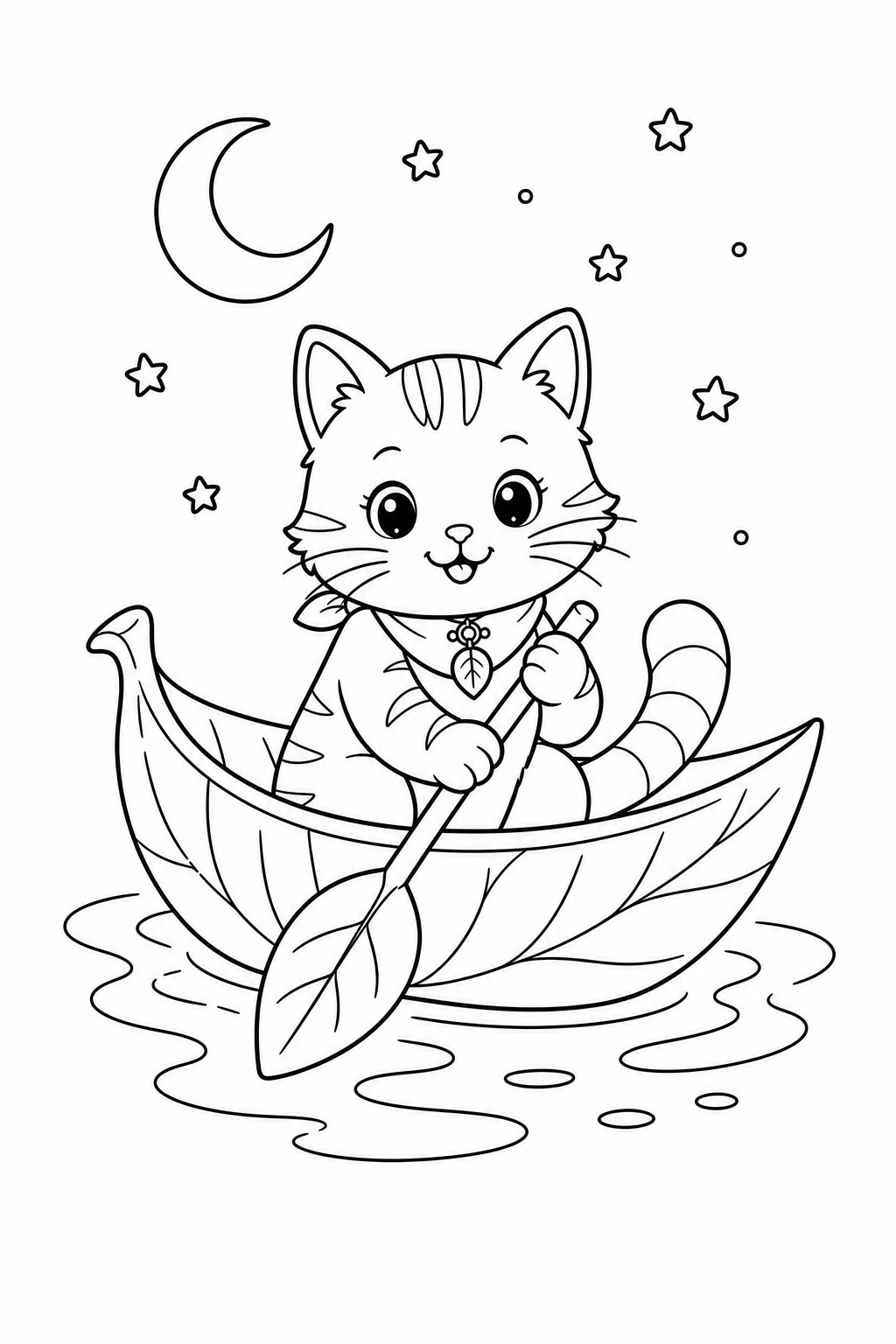 Black-and-white page 10 from Moonlight & Magic: Maple rides a leaf boat across a starlit stream.