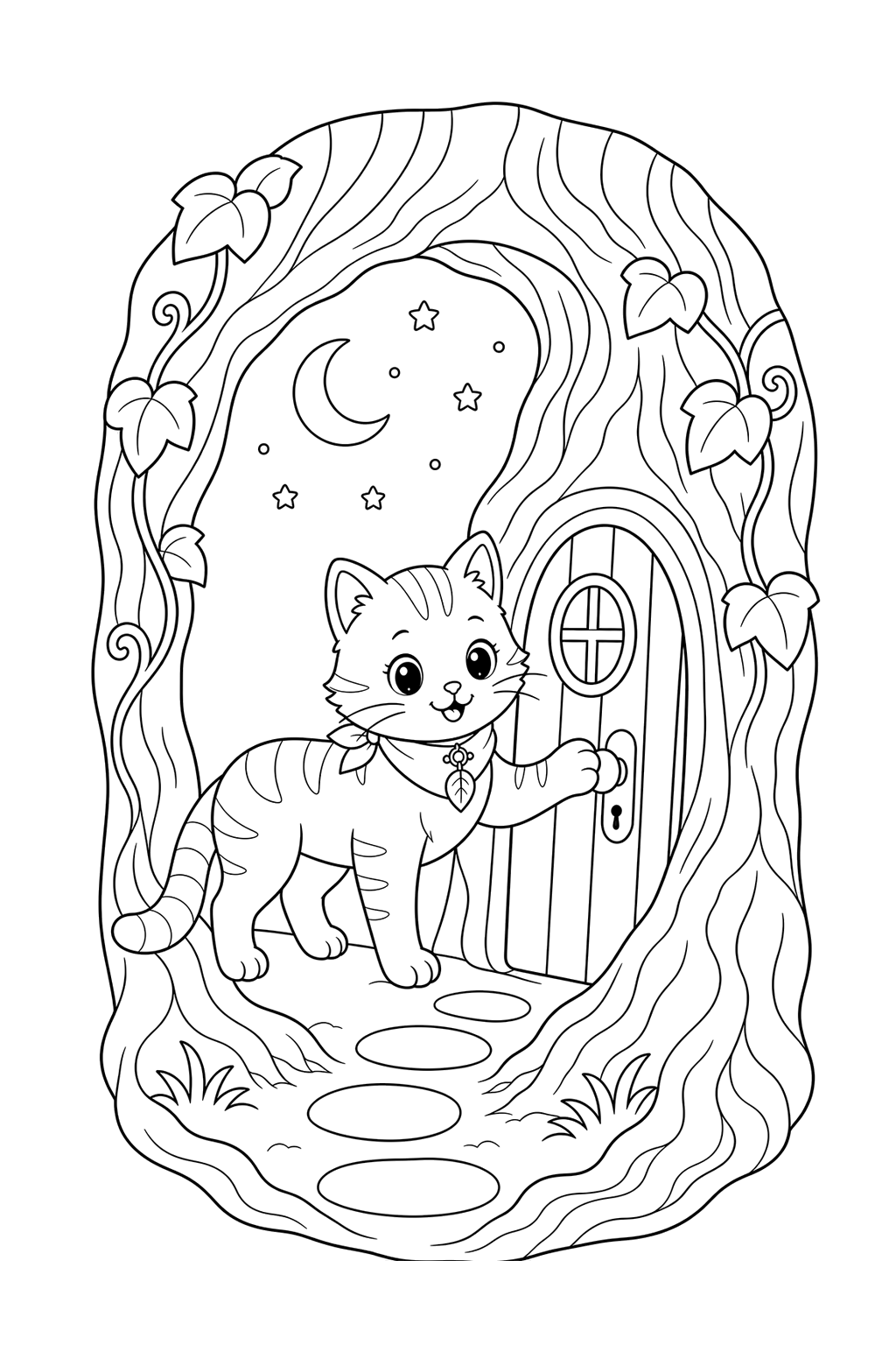 Black-and-white page 19 from Moonlight & Magic: Maple discovers a secret door in a giant tree.