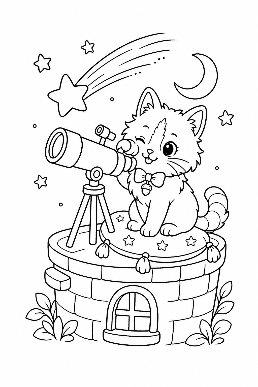 Black-and-white page 28 from Moonlight & Magic: Pippin watches a comet from a tower stump.