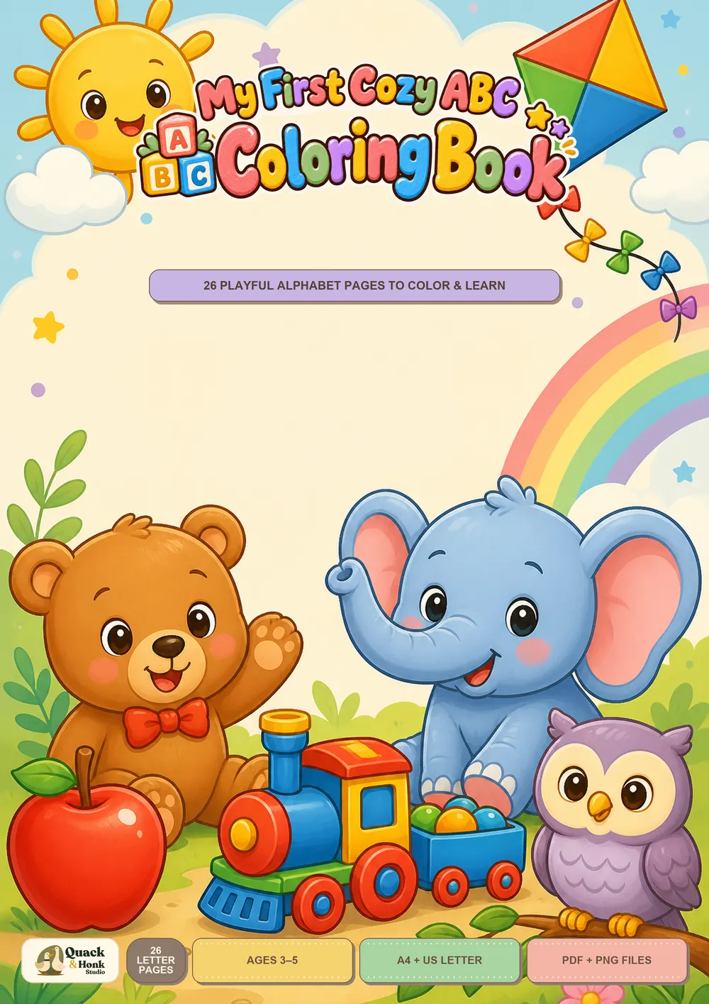 Cover of My First Cozy ABC, showing a cheerful alphabet world with a bear, elephant, owl, train, kite, and rainbow