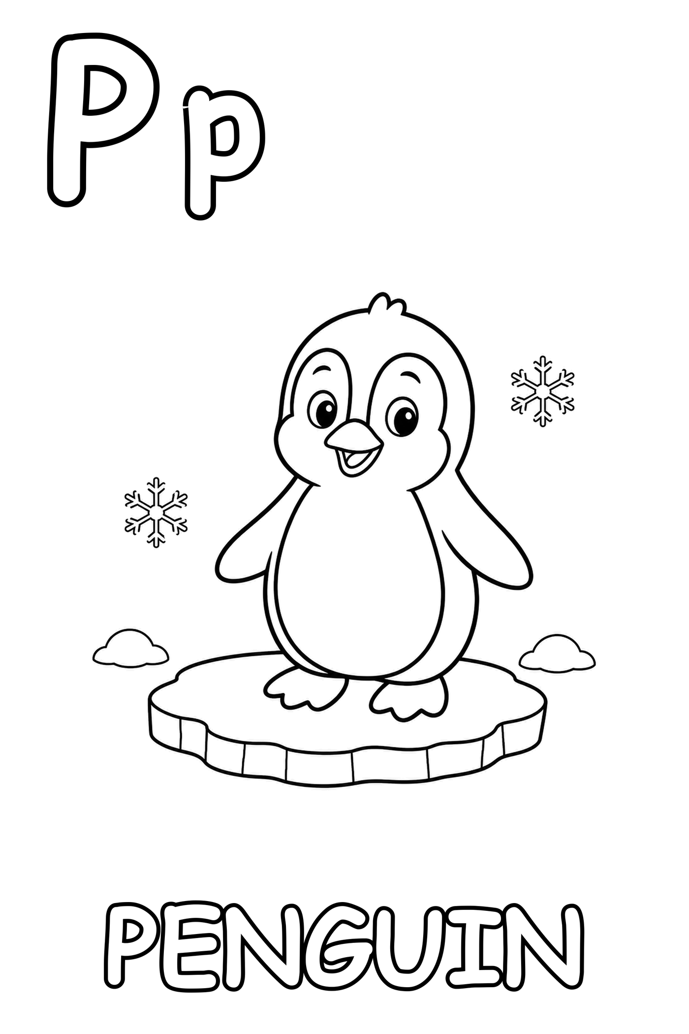 Black-and-white page 16 from My First Cozy ABC: P is for Penguin.
