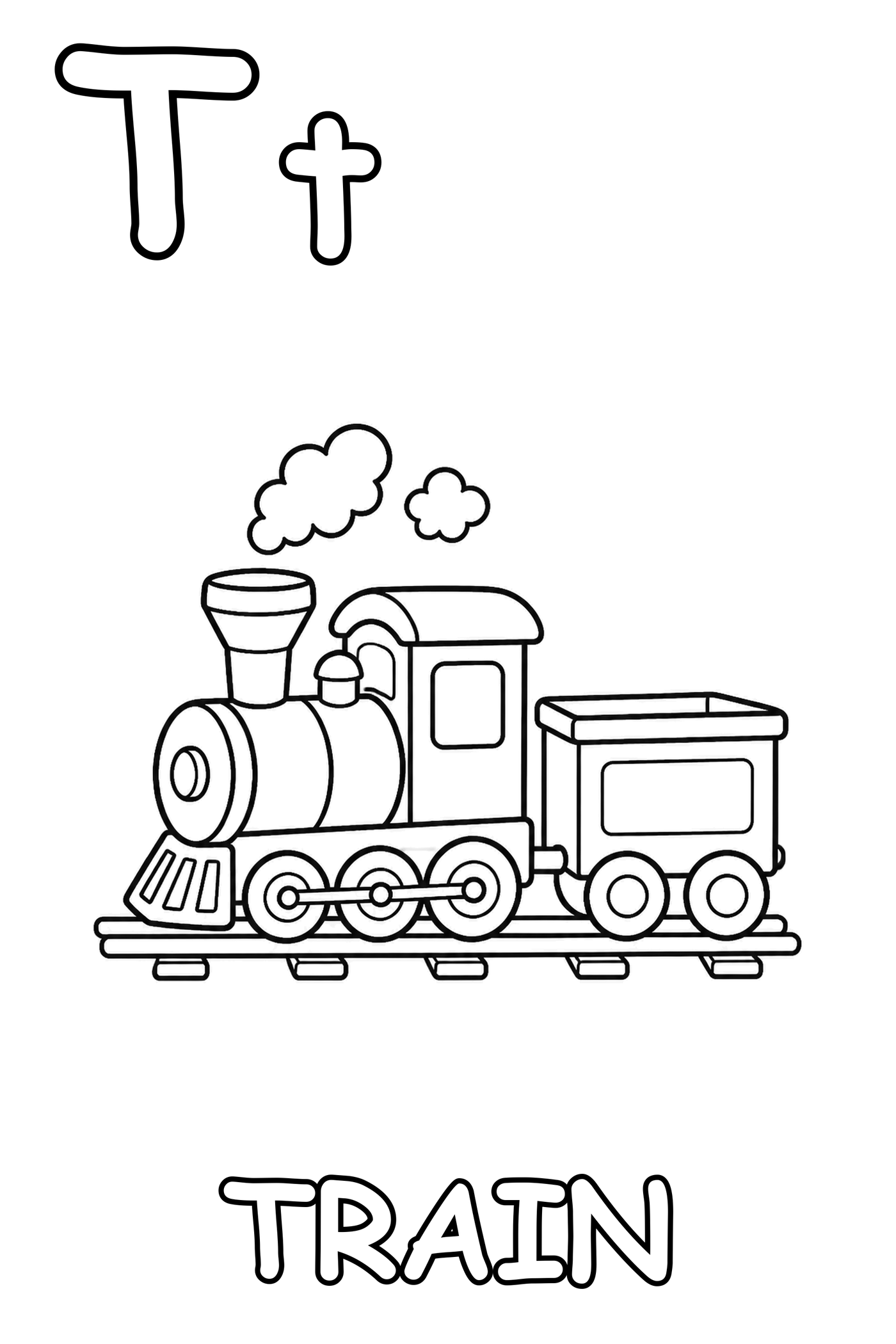 Black-and-white page 20 from My First Cozy ABC: T is for Train.