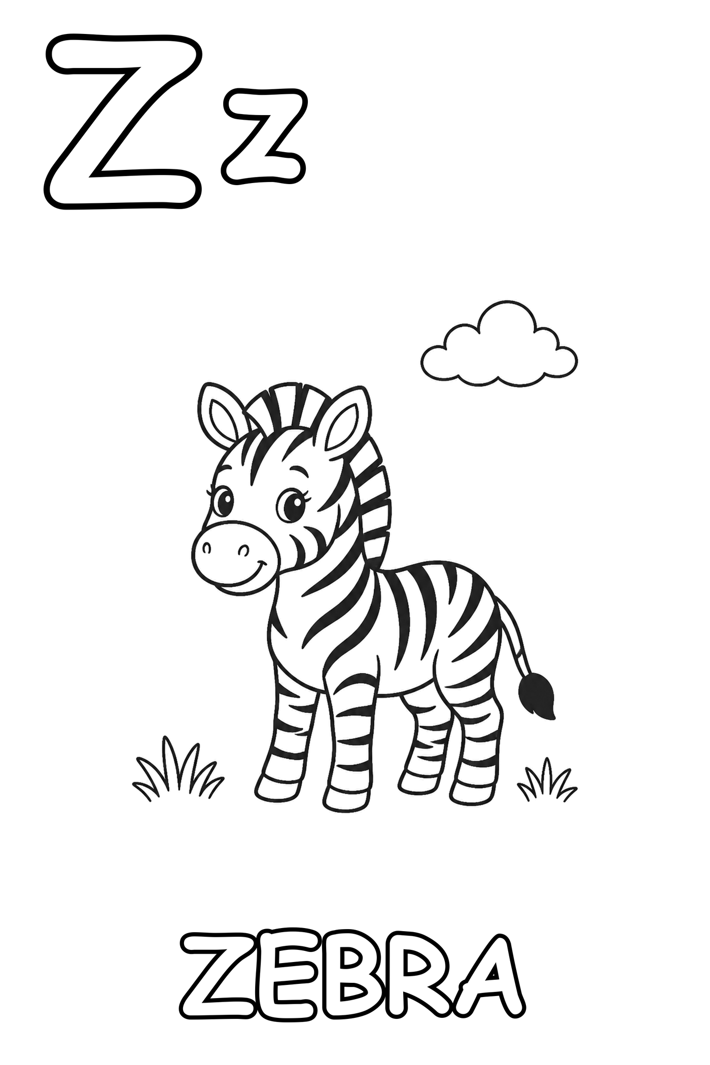 Black-and-white page 26 from My First Cozy ABC: Z is for Zebra.