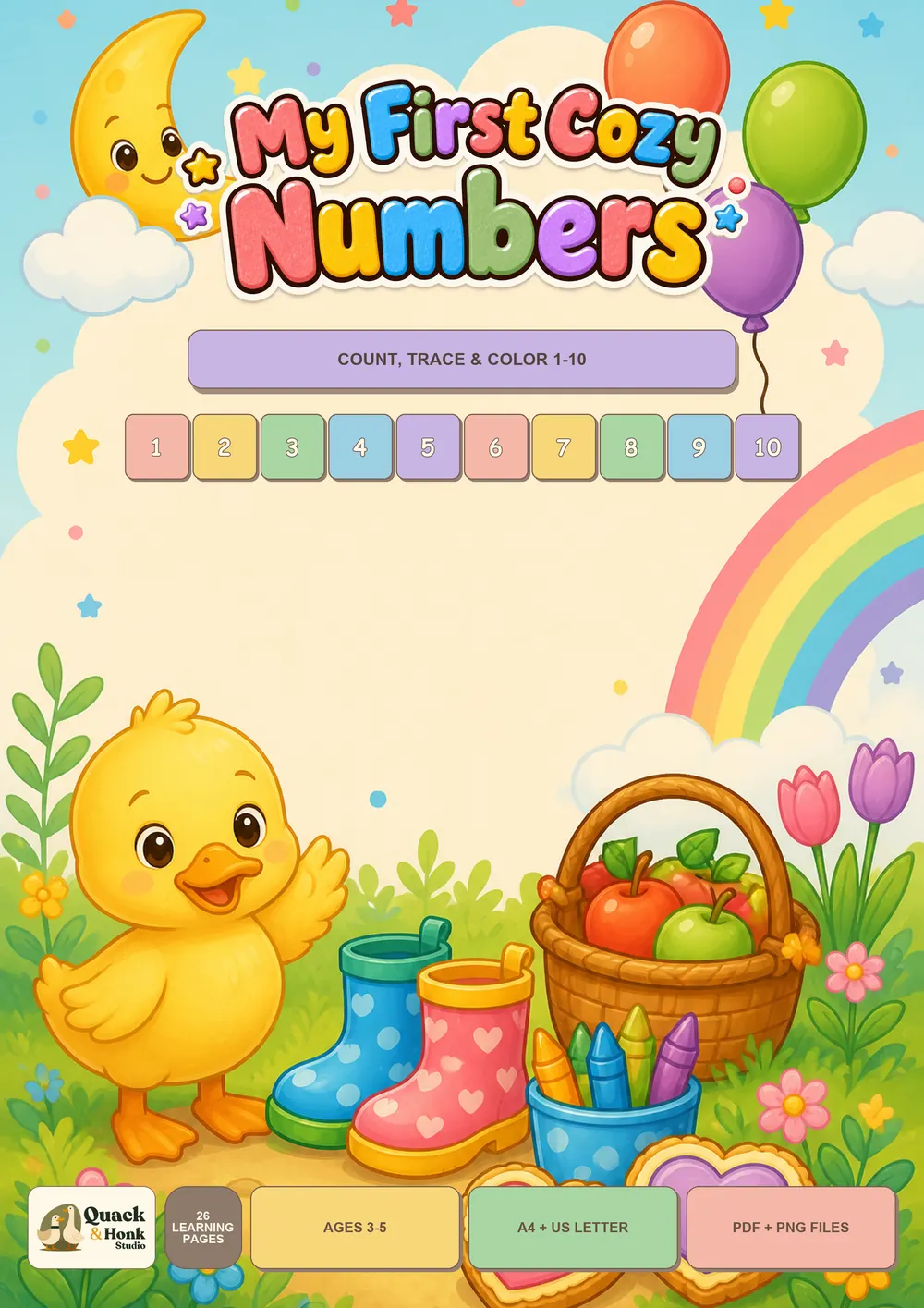 Cover of My First Cozy Numbers with number tiles 1–10, a moon, balloons, a duckling, boots, apples, crayons, tulips, cookies, and a rainbow
