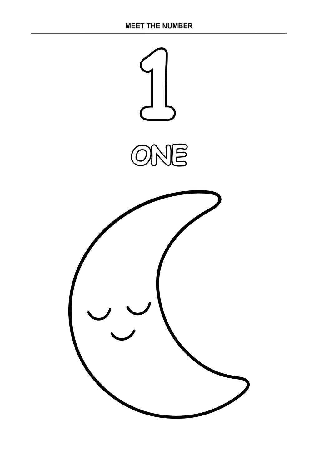 Black-and-white page 1 from My First Cozy Numbers: Meet the number 1 and connect it with one moon.