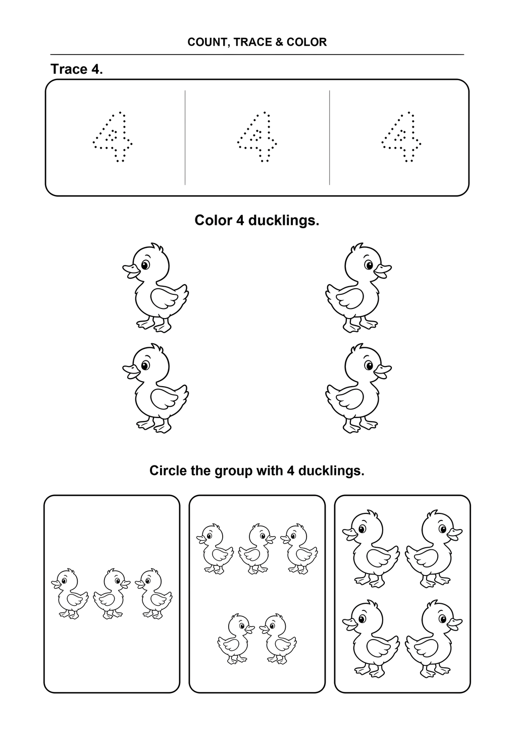 Black-and-white page 14 from My First Cozy Numbers: Trace 4, count four ducklings, and find a group of four.