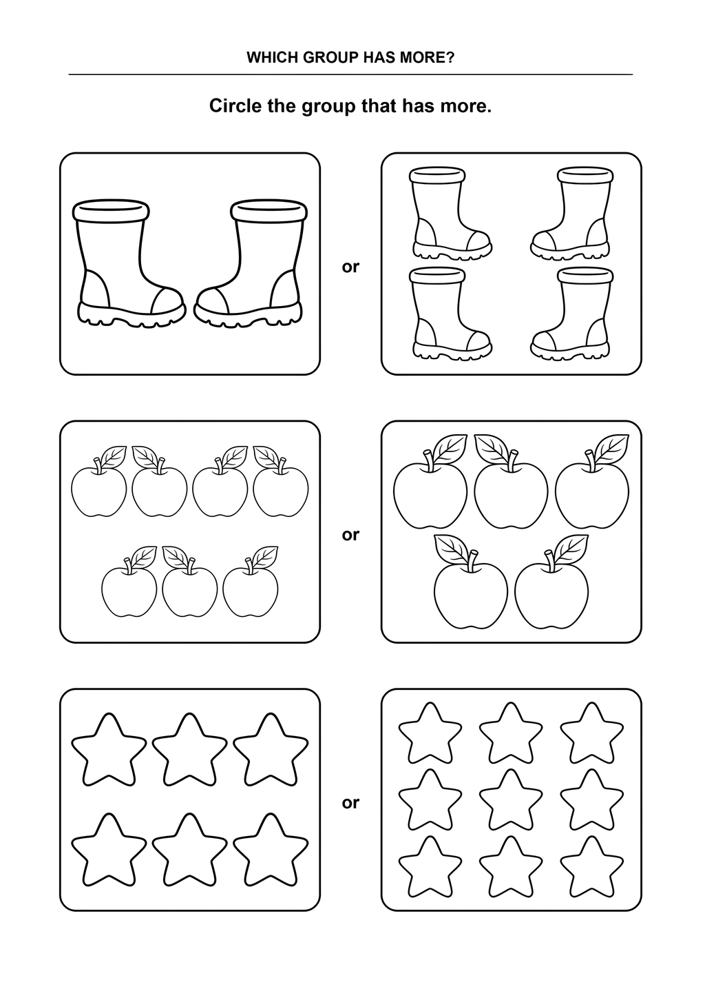 Black-and-white page 24 from My First Cozy Numbers: Compare pairs of object groups and circle the group that has more.