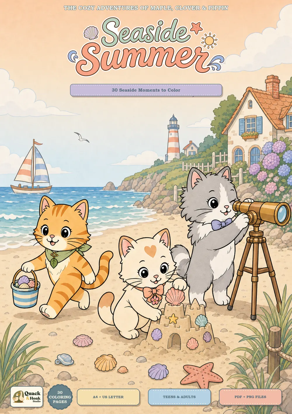 Cover of Seaside Summer, showing Maple, Clover, and Pippin playing beside a lighthouse beach