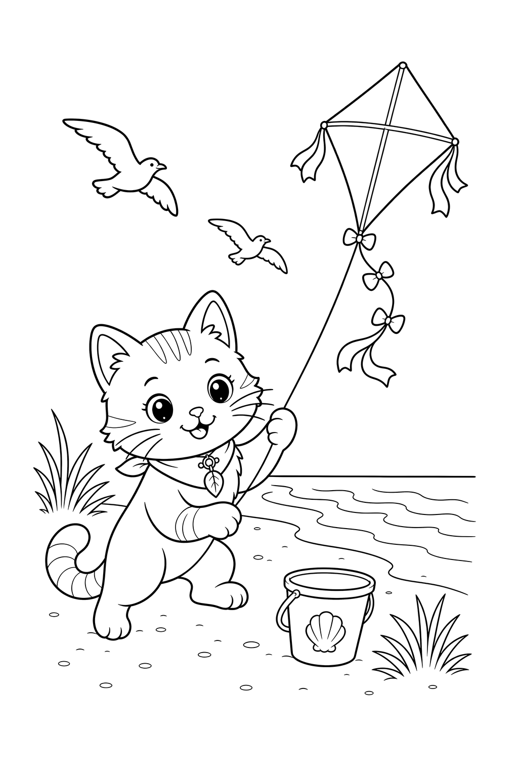 Black-and-white page 8 from Seaside Summer: Maple flies a kite along the shore.