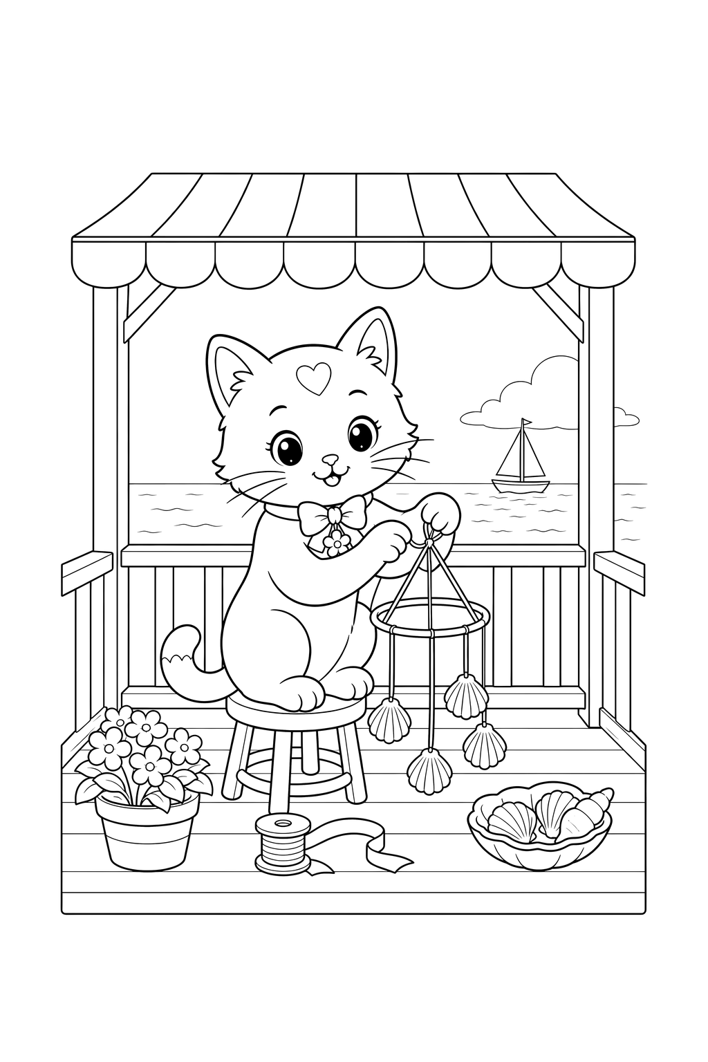 Black-and-white page 13 from Seaside Summer: Clover makes a seashell wind chime.