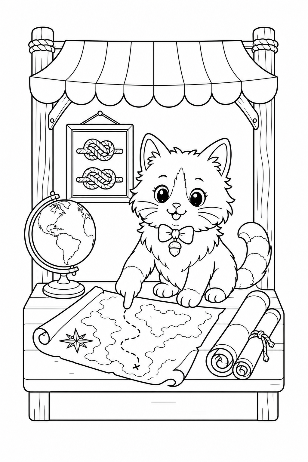 Black-and-white page 23 from Seaside Summer: Pippin browses an old-fashioned seaside map stall.