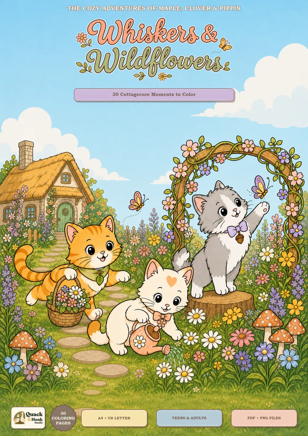 Cover of Whiskers & Wildflowers, showing Maple, Clover, and Pippin exploring a bright cottage garden