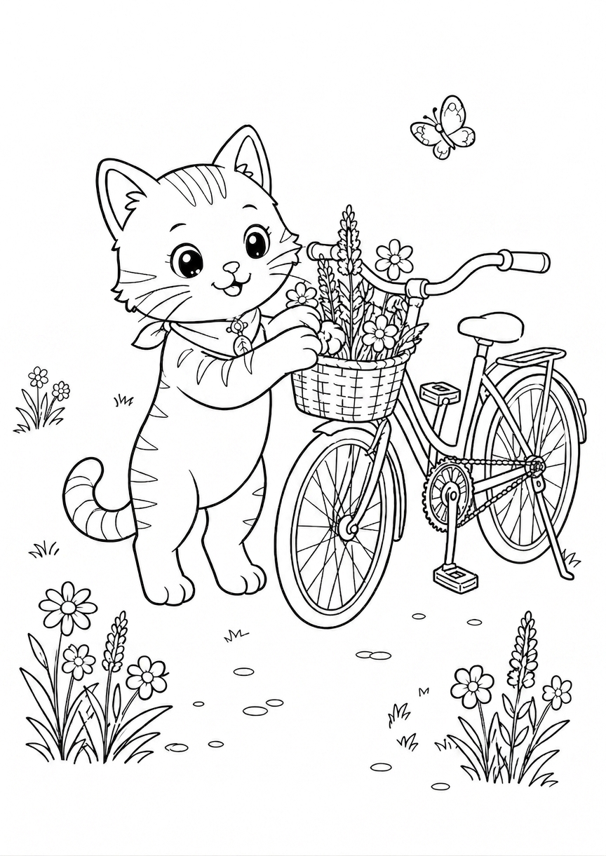 Black-and-white page 3 from Whiskers & Wildflowers: Maple rides a wildflower bicycle along a country path.