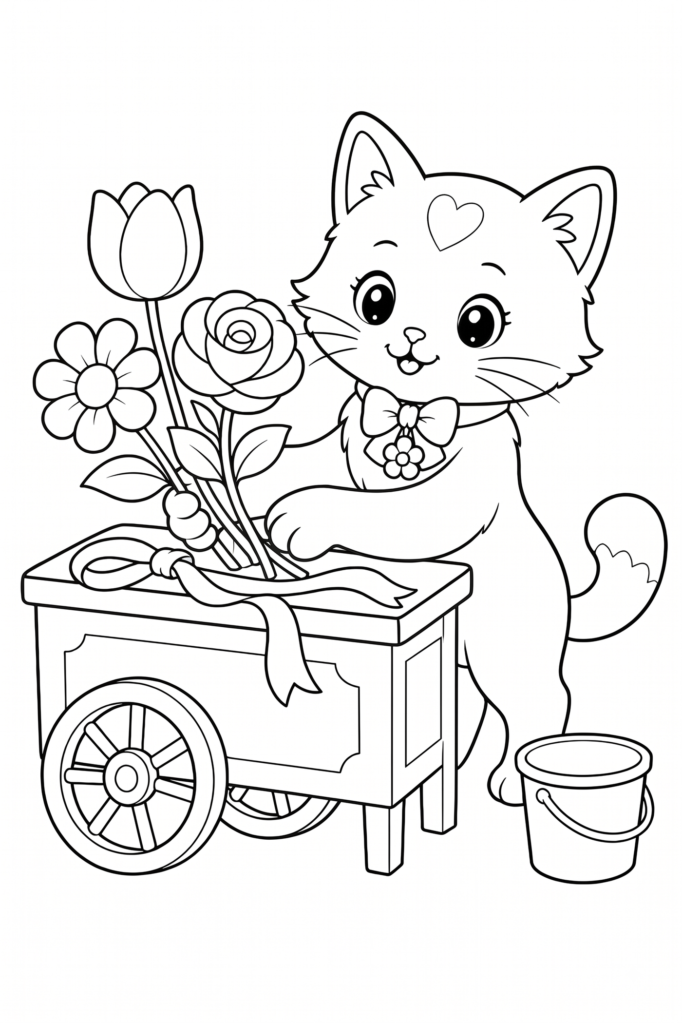 Black-and-white page 13 from Whiskers & Wildflowers: Clover arranges bouquets at a flower cart.