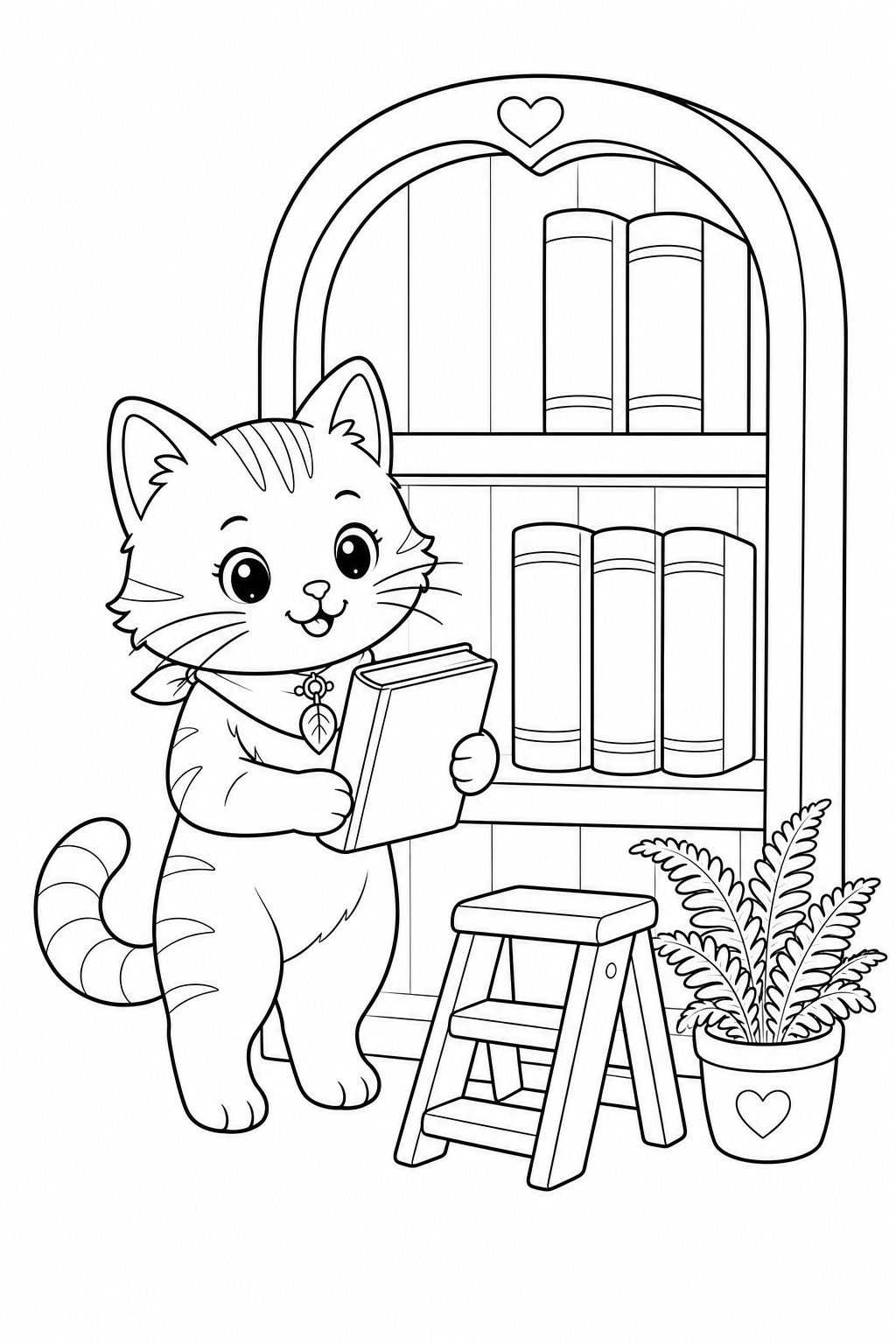Black-and-white page 22 from Whiskers & Wildflowers: Maple browses a tiny cottage bookshop.