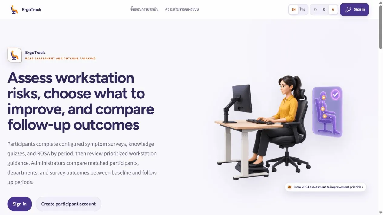 ErgoTrack landing page showing a workstation beside the Thai ROSA assessment introduction.