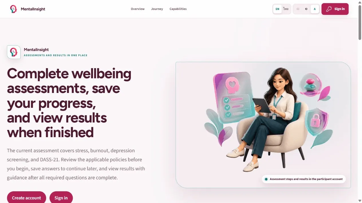 MentalInsight landing page introducing a private employee mental-wellbeing assessment.